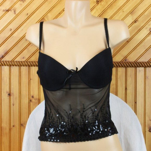 La Vie en Rose Sequin Camisole Size 36C Bra Top Sheer Nylon  Pull On Black B96 - Picture 5 of 7